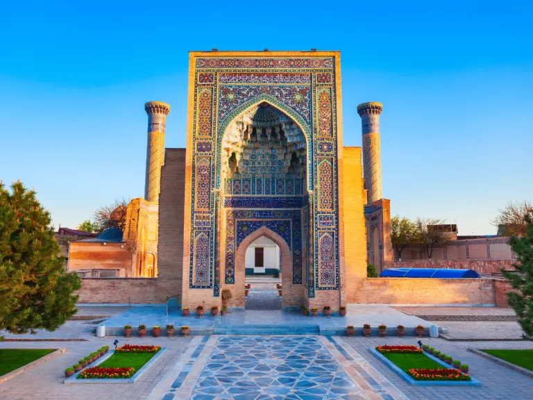 Historic tiled architecture and courtyard in Uzbekistan